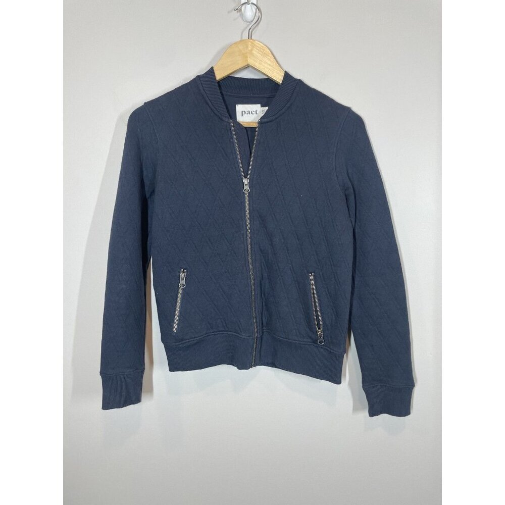 Pact Organic Cotton Bomber Jacket XS Small Blue Zip Up Minimalist Quilted